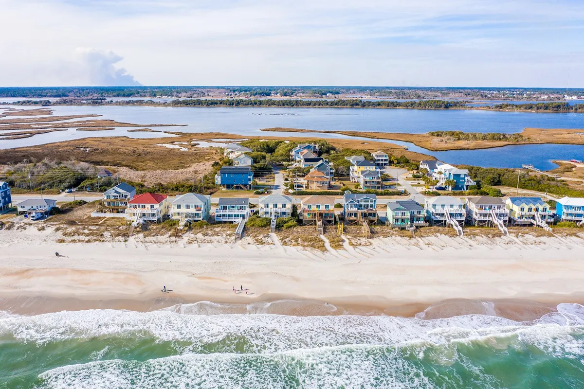 This image features a wide, sandy beach stretching alongside beachfront houses, with gentle waves rolling in and a wetland area visible nearby. The tranquil, open atmosphere is perfect for long walks and enjoying the natural surroundings, hinting at the pet-friendly nature of the coastline.